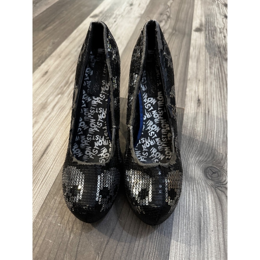 Iron Fist Black Silver Sequin Skull Platform Pumps Heels Womens 11 Gothic Punk
